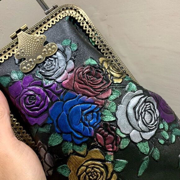 Handmade Genuine Embossed Rose Cowhide Clutch/Phone Case, Kiss Clasp/Clip Pouch - Picture 11 of 16